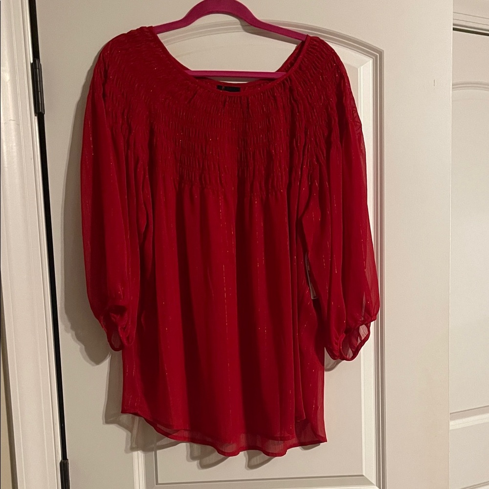 New Directions Red Blouse with Textured Design Sheer and shimmer in fabric